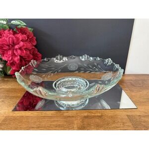 Vintage WJ Hughes Cornflower Etched Glass Pedestal Bowl Heavy Glass Floral P‎